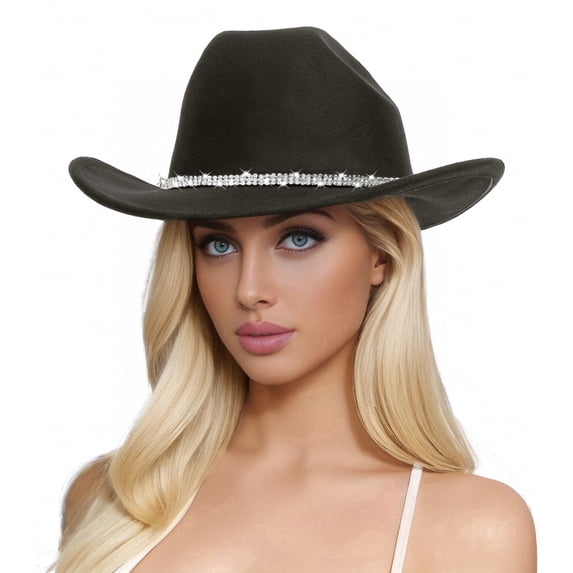 HJYCHN Western Cowboy Top Hat with Rhinestone Embellishments for Men and Women Sun Wool Headwear Green One Size