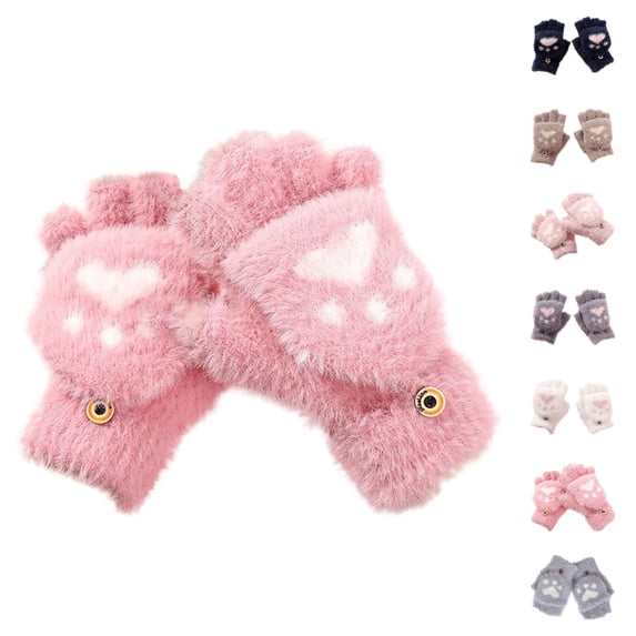 HJYCHN Winter Gloves Kids Boys Girls Convertible Flip Design Cat Cartoon Button Closure Cold Weather Gloves Hot Pink 7-18 Years