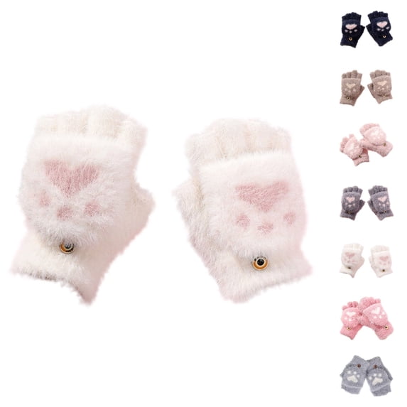 HJYCHN Winter Gloves Kids Boys Girls Convertible Flip Design Cat Cartoon Button Closure Cold Weather Gloves White 7-18 Years