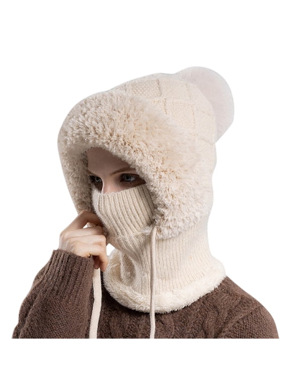 Winter Hats for Women Knitted Hat with Face and Neck Warmer Windproof Warm Cap for Winter Cycling Womens Winter Hat Beige One Size