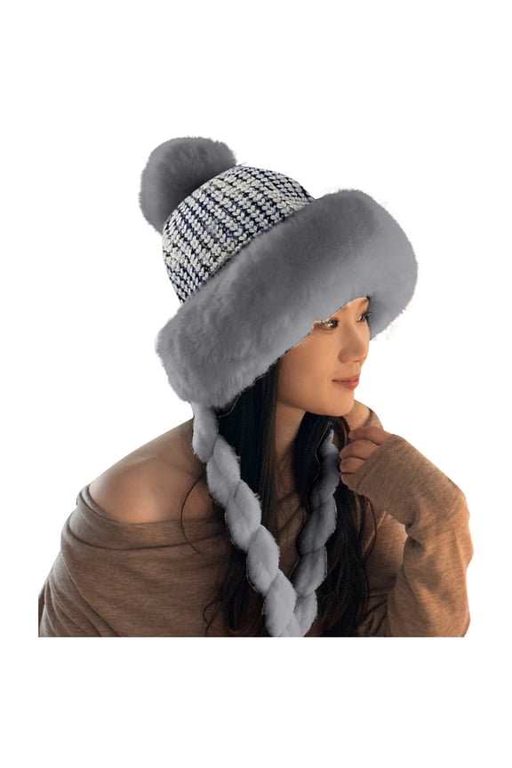 Winter Hats for Women Plush Fluffy Pompom Knit Earflap Hat Warm Cap for Outdoor Ski and Winter Activities Winter Hat Grey One Size