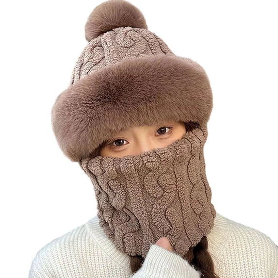 HJYCHN Winter Hats for Women Thermal Hat with Integrated Scarf for Cold Weather Windproof Riding and Outdoor Activities Winter Hat Coffee One Size