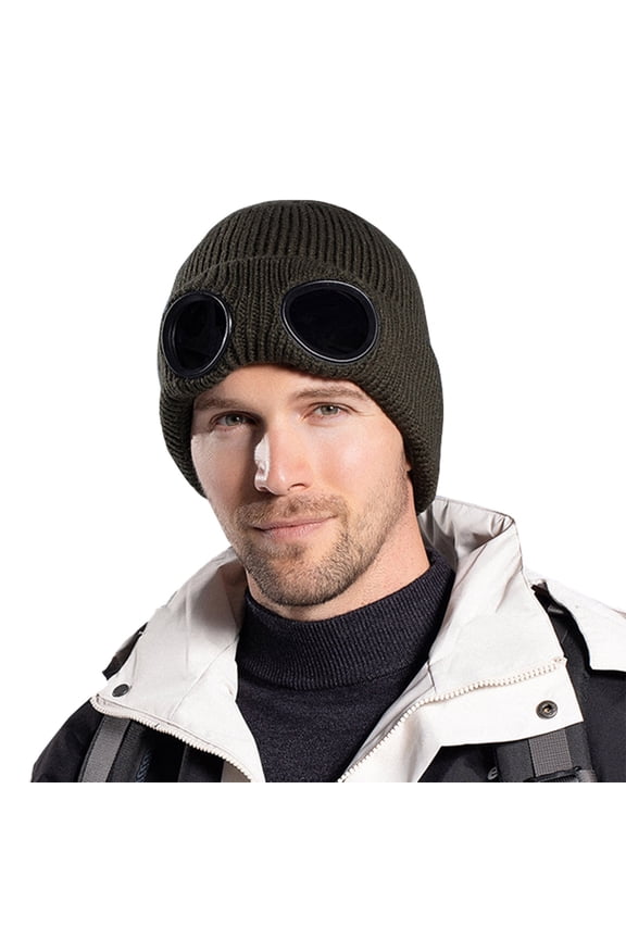 Winter Hats for Women Windproof Goggles Knitted Ski Hat Lined Warm Wool Cap for Men and Women Winter Hat Army Green One Size