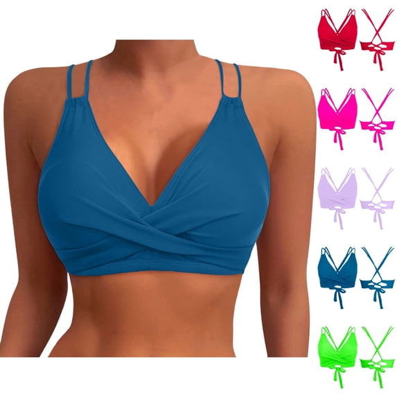 HJYCHN Women Bikini Swim Tops Womens V Neck Wrap Bikini Top Adjustable Self Tie Back Double Spaghetti Straps Summer Pool Swimsuits for Women Blue_004 M