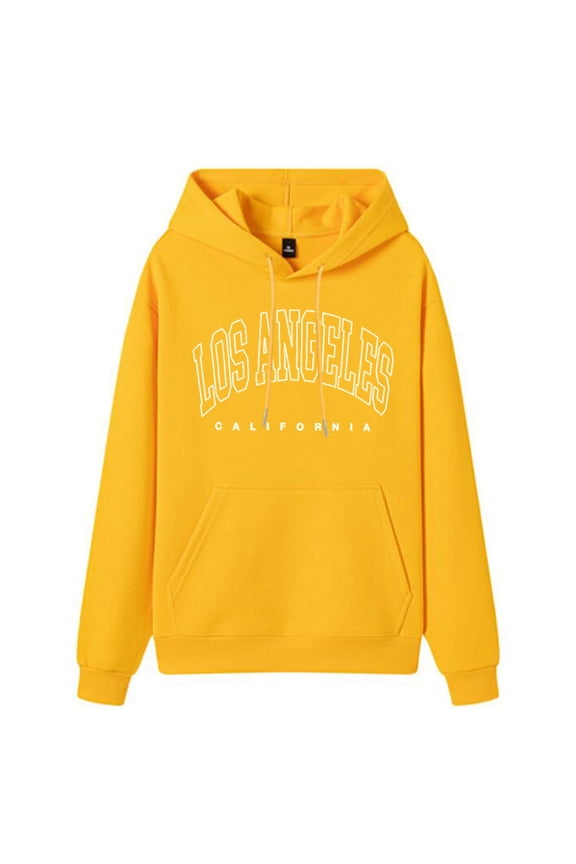 Women Casual Fashion Letter Print Hoodie Graphic Drawstring Pullover Preppy Sweatshirt Yellow L
