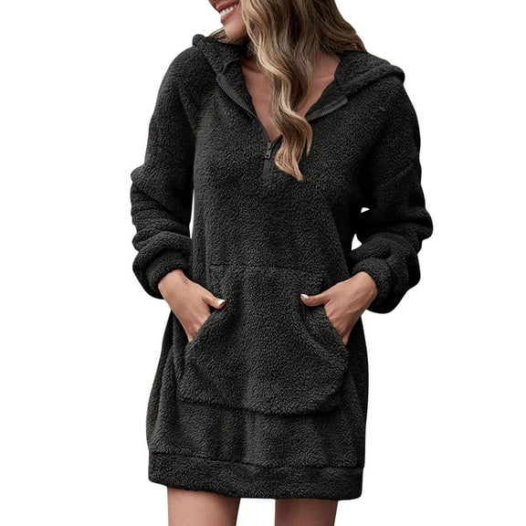 HJYCHN Women Casual Hooded V Neck Zipper Pullover Sweatshirt Mini Dress with Pockets Loose Fit Solid Comfort Black S