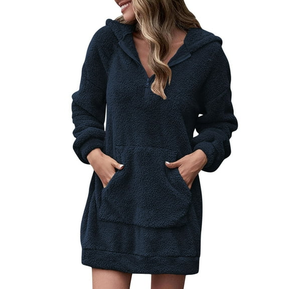 HJYCHN Women Casual Hooded V Neck Zipper Pullover Sweatshirt Mini Dress with Pockets Loose Fit Solid Comfort Navy XXXL
