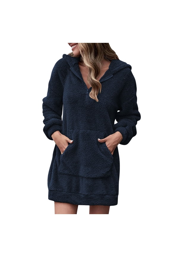 Women Casual Hooded V Neck Zipper Pullover Sweatshirt Mini Dress with Pockets Loose Fit Solid Comfort Navy XXXL