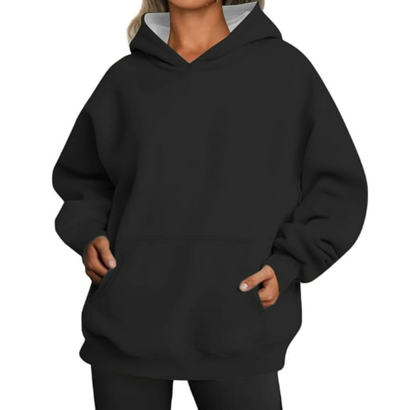 HJYCHN Women Casual Loose Long Sleeve Pocket Hoodie Pullover Sweatshirt for Everyday Comfort Black L