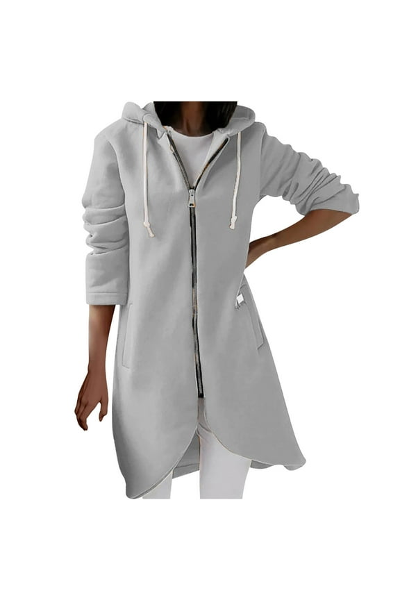 Women Casual Personality Street Zip Up Hoodie Long Lined Hooded Sweatshirt Light Gray XXL