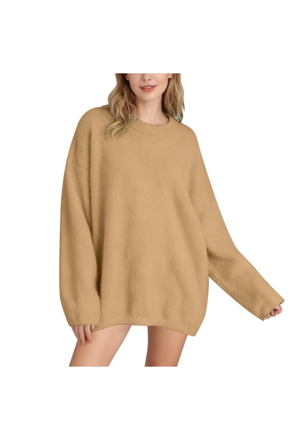 Women Casual Solid Color Pullover Sweater Soft Comfortable Everyday Wear Knit Top for Fall and Winter Seasons Sweaters Loose Fit Brown M