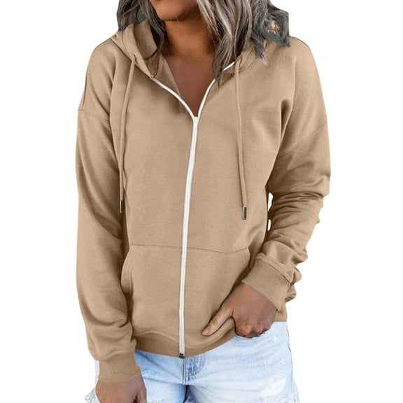 HJYCHN Women Casual Solid Zip Up Hoodie with Drawstring Hooded Sweatshirt Pocket Long Sleeve Top Khaki S