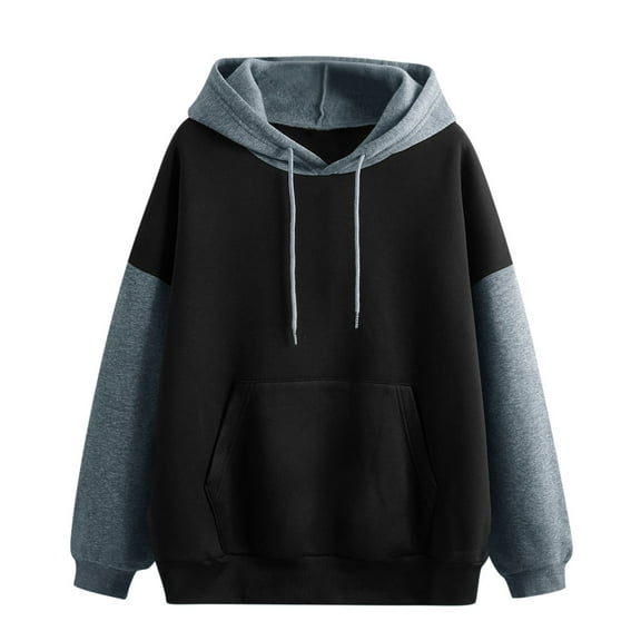 HJYCHN Women Casual Strap Detail Blouse Long Sleeve Spliced Hooded Pullover Sweatshirt Top Black XS