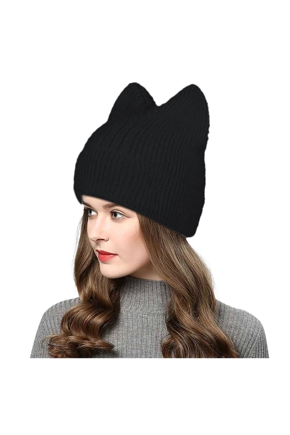 Women Crochet Slouchy Knit Wool Hat With Cat Ears Winter Warm Lined Earflap Cap Black One Size
