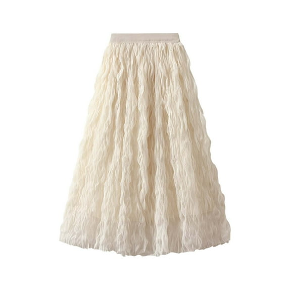 HJYCHN Women Elegant Flowy A-line Pleated Midi Skirt High Waist Plus Size Flare Dressy Skirt for Parties and Everyday Casual Wear Beige One Size