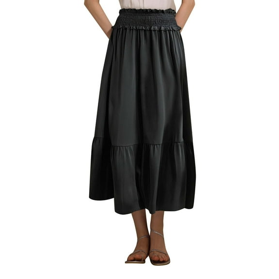 HJYCHN Women Elegant Ruffle Maxi Skirt High Slit Adjustable Waist Long Flowy Fashion Boho Evening Party Dress Black XL