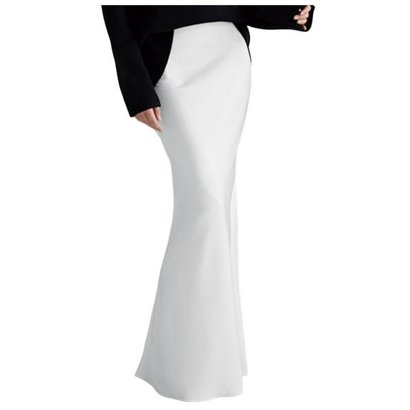 HJYCHN Women Elegant Silk Satin Maxi Skirt Spring Summer Season Skirt with High-Waist for Party Wedding Flowy Design White M