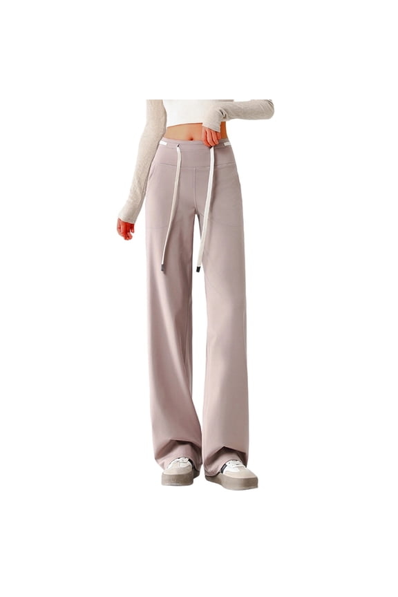 Women Elevated Trousers High Waist Straight-Leg Design Comfortable Stretch Fabric Yoga Workout Wear with Tie Detail Pink M