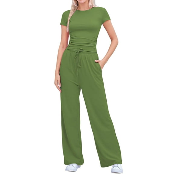 HJYCHN Women Fall Casual Outfits Solid Color Pleated Short Sleeve Top and Trousers 2 Piece Outfit for Daily Life Green XS