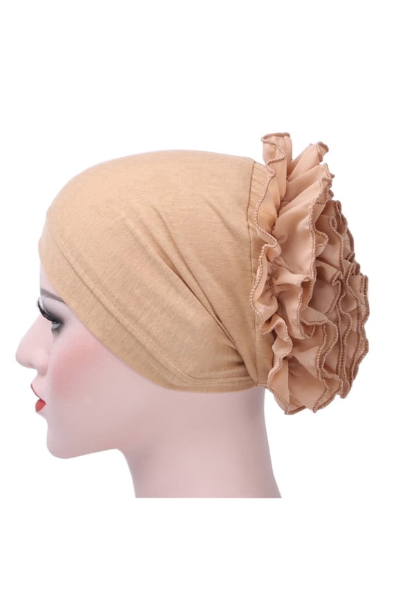 Women Floral Headscarf Ruffle Turban Wrap Cap with Decorative Khaki One Size