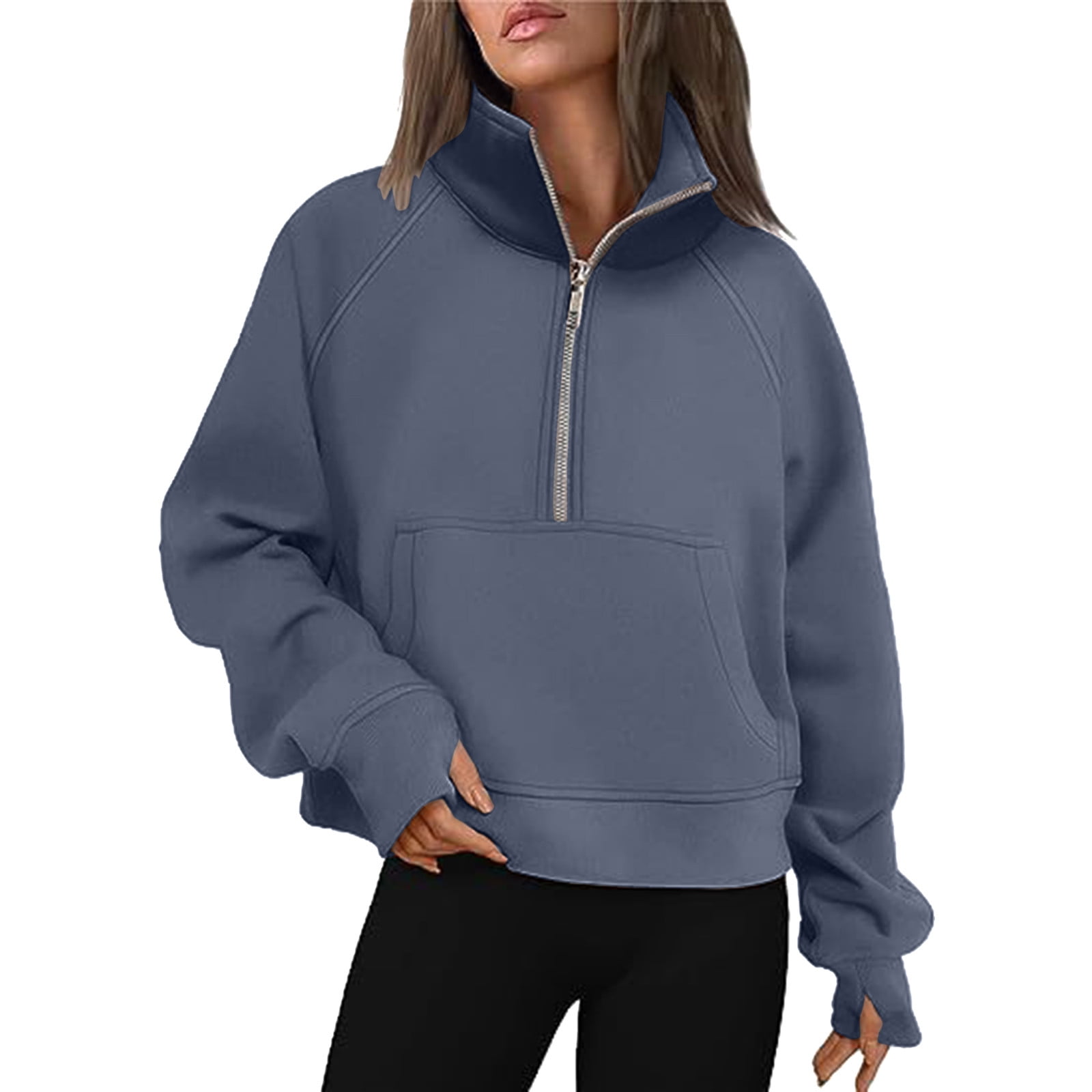 HJYCHN Women Half Zip Cropped Pullover Quarter Zipper Hoodie with Thumb ...