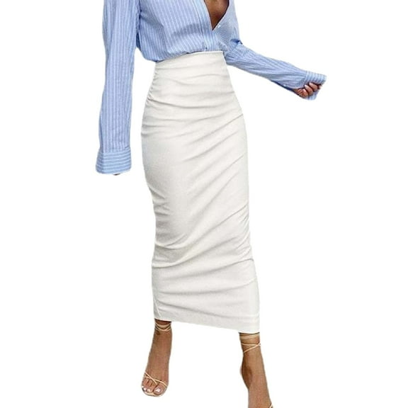 HJYCHN Women High-Waisted Punk Style Leather Skirt with Slits for Party and Night Out Wear White L