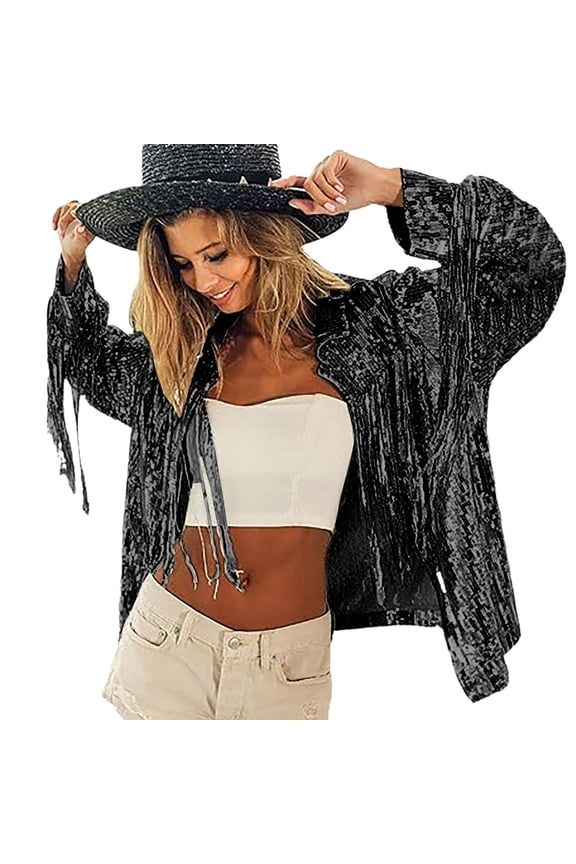 Women Jacket Fringe Disco Theme Fashionable And Cute Sequins Country Style Bridal Party Jacket Long Sleeve Outerwear Womens Winter Coat Black One Size