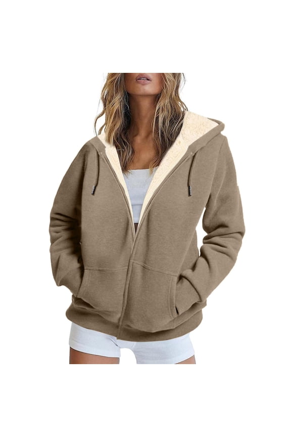 Women Keep Warm Athletic Jacket Long Sleeve Oversized Coat with Pockets for Fall Khaki S