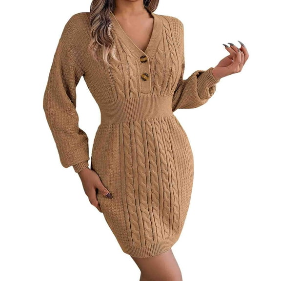 HJYCHN Women Long V Neck Button Front Stretch Knit Striped Sweater Dress for Everyday Comfort and Style Khaki L