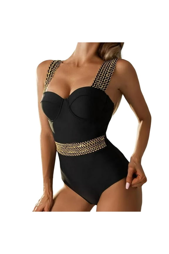 Women One-Piece Swimsuits Shape Push Up Swimsuit with Gold Sequin Strap Design for Women Tankini Swimsuits for Women Black S