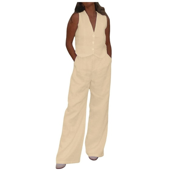 HJYCHN Women Outfit 2 Piece Casual Button Sleeveless Vest Shirt with Wide-Leg Trousers Summer Fashion Outfits Straight Wide-Leg Trousers Sets Seasonal Wear Khaki M