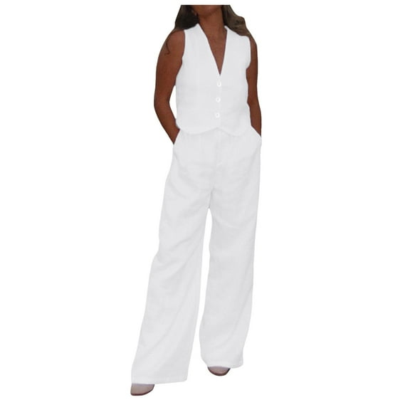 HJYCHN Women Outfit 2 Piece Casual Button Sleeveless Vest Shirt with Wide-Leg Trousers Summer Fashion Outfits Straight Wide-Leg Trousers Sets Seasonal Wear White M