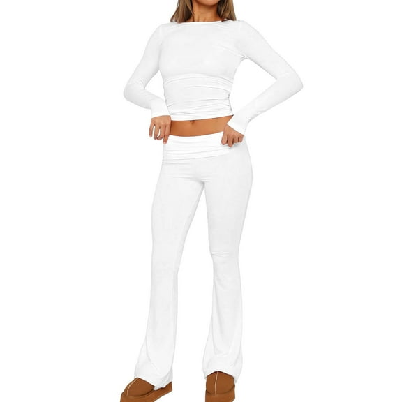 HJYCHN Women Outfit 2 Piece Sets Fold Over Flare Pants with Long Sleeve Cropped Top Relaxed Wear Outfits Fold Over Flare Pants Sets Pajama Style White S