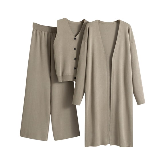 HJYCHN Women Outfit Autumn 3 Piece Cardigan Tracksuits with Knitted Pant Set Comfortable Wear Outfits Knitted Pant Sets Cozy Seasonal Style Khaki One Size
