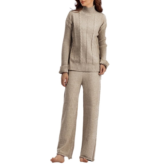 HJYCHN Women Outfit Autumn Winter Fashion Temperament Loose Casual Wide-Leg Pants Elegant Look Outfits Knitted Sweater 2 Piece Sets Cozy Style Khaki One Size
