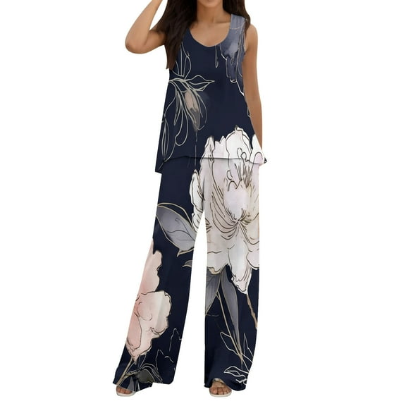 HJYCHN Women Outfit Boho 2 Piece Casual Printed Vest with Loose Wide-Leg Pants Bohemian Vibe Outfits Printed Vest and Pants Sets Free Spirit Dark Blue XL