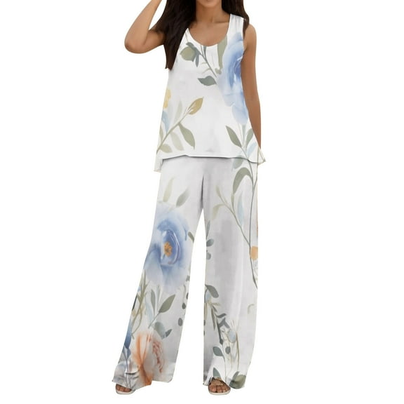 HJYCHN Women Outfit Boho 2 Piece Casual Printed Vest with Loose Wide-Leg Pants Bohemian Vibe Outfits Printed Vest and Pants Sets Free Spirit White L