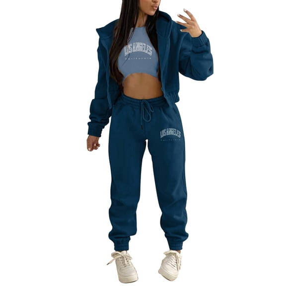 HJYCHN Women Outfit Hooded Sweatshirt and Pants Set 3 Piece Letter Print Fleece Active Lifestyle Outfits Letter Print Fleece Sets Sporty Wear Navy S