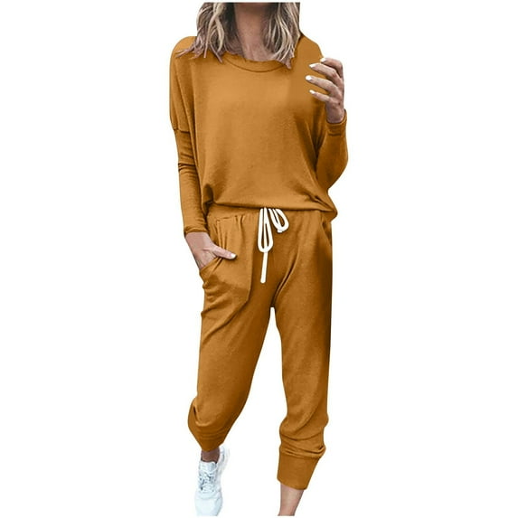 HJYCHN Women Outfit Long Sleeve Color Block Patchwork Crewneck T-Shirt and Leggings Daily Style Outfits Color Block T-Shirt Sets Casual Comfort Wear Coffee XXL