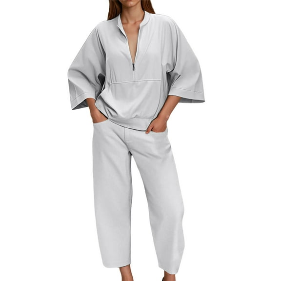 HJYCHN Women Outfit Long Sleeve Pocket Shirt and Wide-Leg Pants 2 Piece Set Pocket Shirt Sets Everyday Outfits Comfortable Casual Wear White L