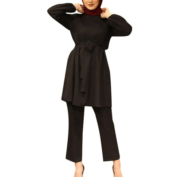 HJYCHN Women Outfit Solid Color Large Size Long Sleeve Casual 2 Piece Suit Modest Wear Outfits Large Size 2 Piece Suits Comfortable Fit Black S