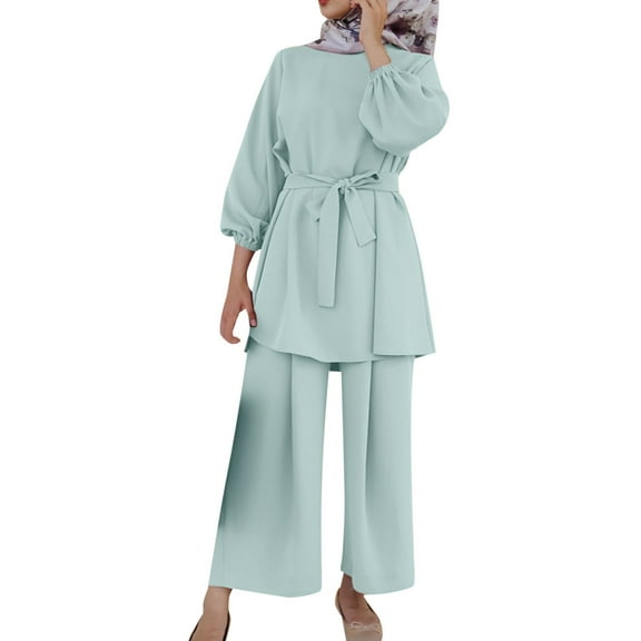 HJYCHN Women Outfit Solid Color Large Size Long Sleeve Casual 2 Piece Suit Modest Wear Outfits Large Size 2 Piece Suits Comfortable Fit Mint Green S