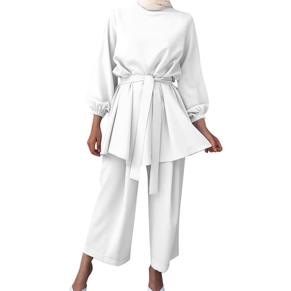 HJYCHN Women Outfit Solid Color Large Size Long Sleeve Casual 2 Piece Suit Modest Wear Outfits Large Size 2 Piece Suits Comfortable Fit White M