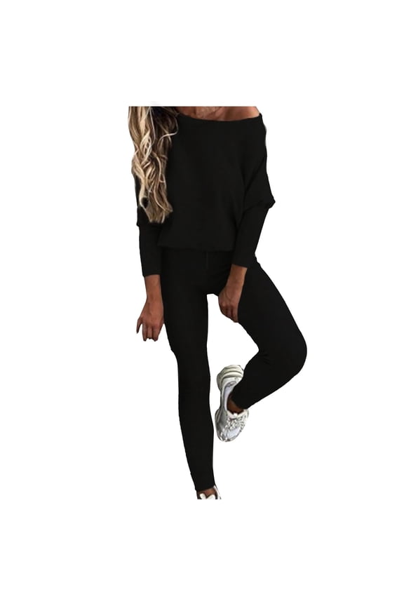 Women Outfit Solid Color Round Neck Sportswear Pullover Fall Winter Set Athletic Wear Outfits Round Neck Pullover Sets Active Lifestyle Wear Black XL