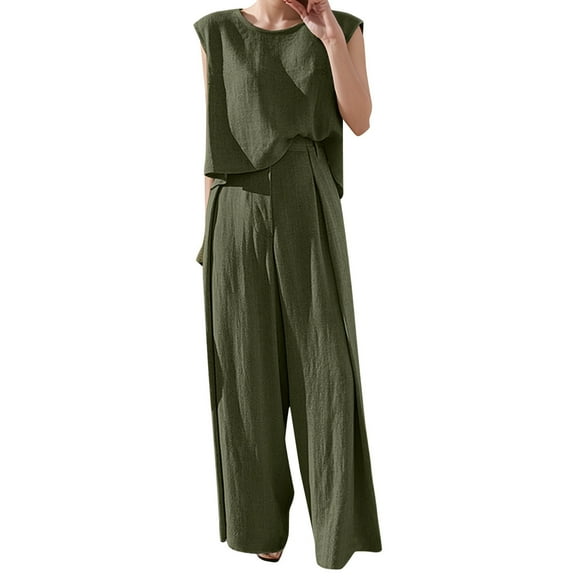 HJYCHN Women Outfit Summer Linen Sleeveless Top with Loose Wide-Leg Pants 2 Piece Leisure Outfits Loose Wide-Leg Pants Sets Comfortable Seasonal Wear Green M