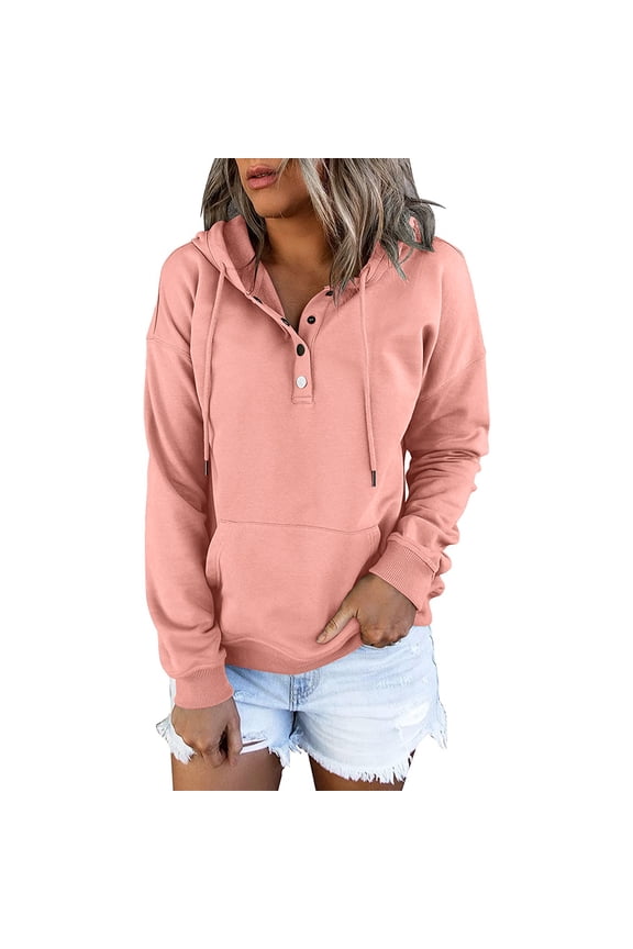 Women Pullover Hoodie Button Down Front Drawstring Hooded Pocket Casual Long Sleeve V Neck Pink S