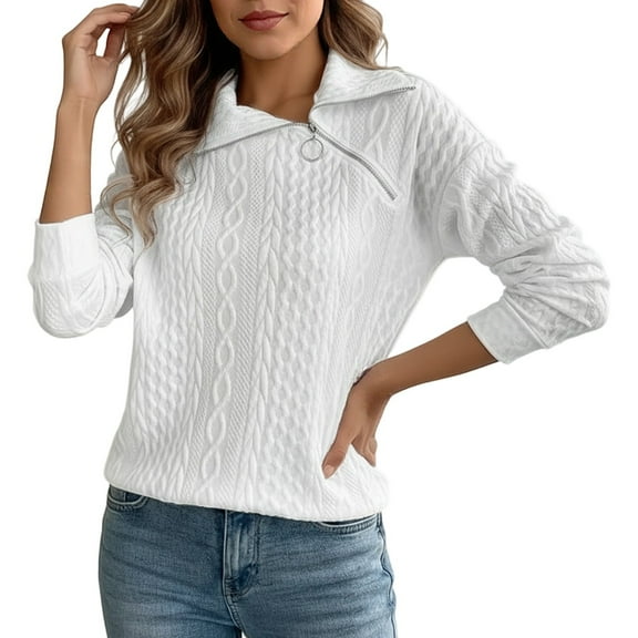 HJYCHN Women Pullover Sweater Fall Winter Casual Zipper Long Sleeve Soft Comfortable Daily Wear Outerwear Sweater Jackets White S