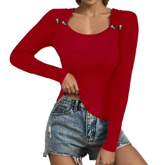 HJYCHN Women Pullover Sweater Winter Autumn Square Neck Top Soft Casual Blouse Long Sleeve Sweaters for Women Red M