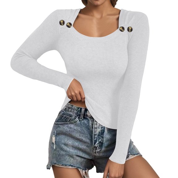 HJYCHN Women Pullover Sweater Winter Autumn Square Neck Top Soft Casual Blouse Long Sleeve Sweaters for Women White S