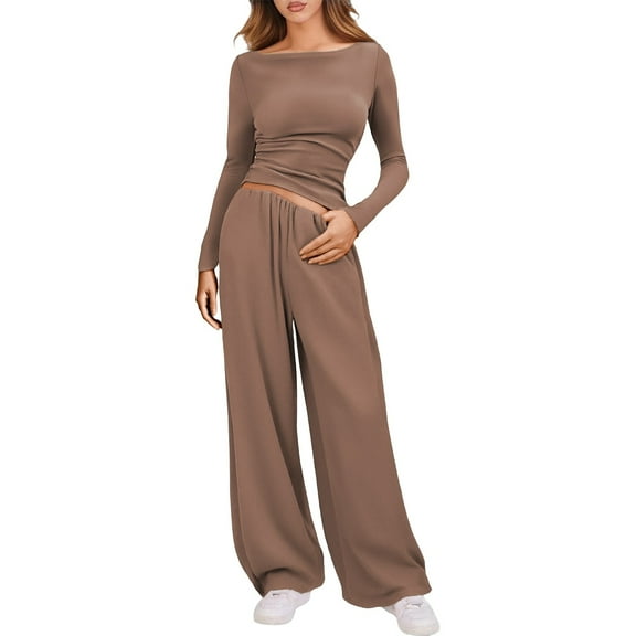 HJYCHN Women Relaxed Outfits Wide-Leg Trousers Soft and Cozy 2 Piece Outfit Casual Street Style Loungewear Women Outfits Sets Brown XXL